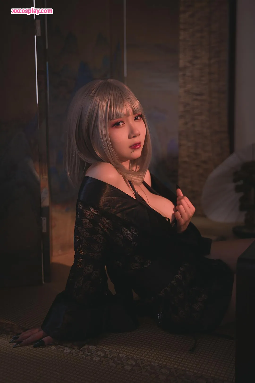 Moye 787 - Kimono en Dentelle Noire Sensuel
