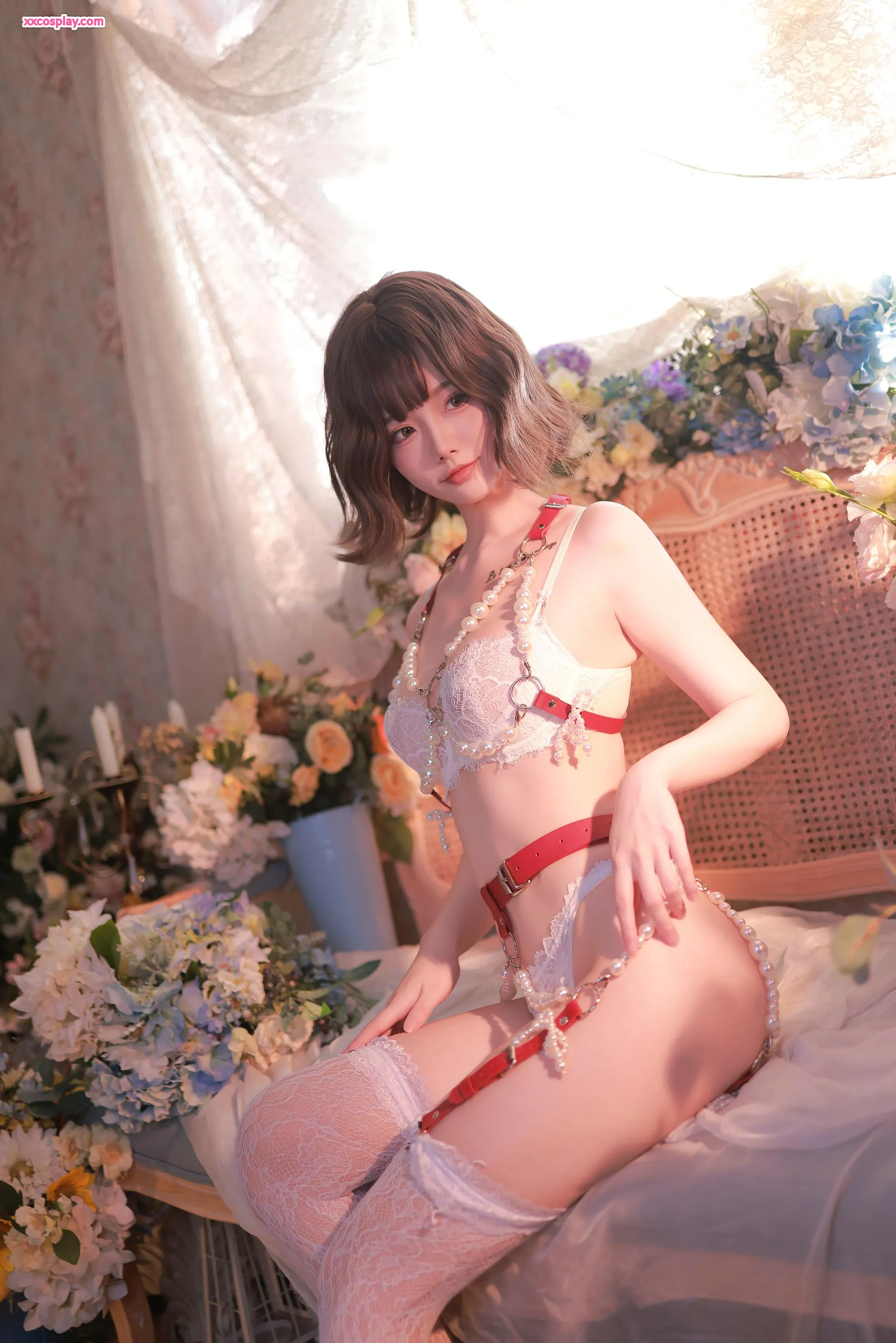 Momora Azuki's Pearl and Leather Harness Lingerie